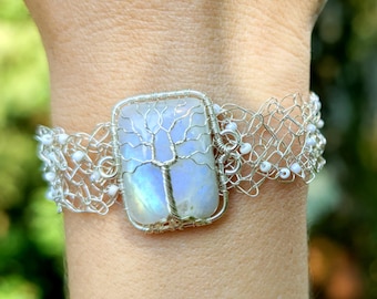 Wire crochet tree bracelet with a moonstone