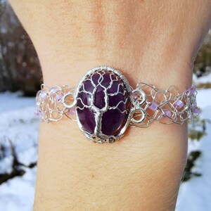 Wire crochet tree bracelet with an amethyst gemstone