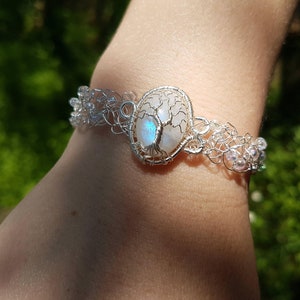 Wire crochet tree bracelet with a moonstone