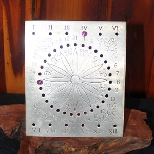 Vintage Portuguese Pewter Permanent Calendar with Floral Design in Center and Amethyst Pegs for Month and Day