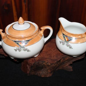 Vintage Japanese Hand Painted Porcelain Creamer with Sugar Bowl and Cover