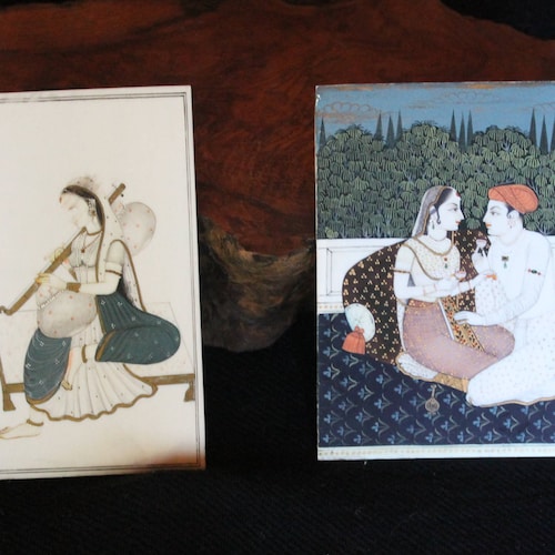 Two Detailed Vintage 2024 Miniature India Paintings on Polyurethane White Resin with Gold Leaf Throughout