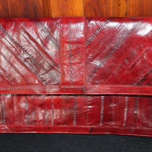 Sleek Genuine Eel Skin Ruby Red Mahogonay Clutch Purse c 1977