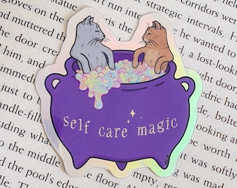 Holographic Vinyl Sticker - Self Care Magic Cats in a Cauldron