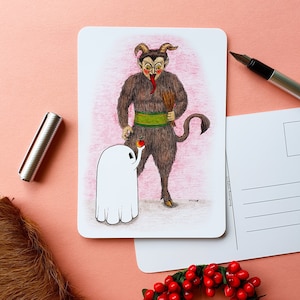 Grußkarte, Postkarte - Spooky Krampus | süßes kleines Gespenst mit Apfel, nostalgisch, folkloristisch