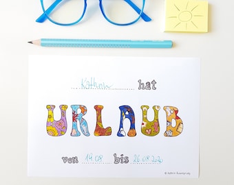 Urlaub, Schild, Office, Schrift, Illustration, deutsch, selbst ausdrucken