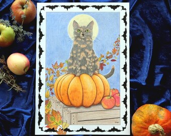 Katze sitzend auf Kürbis, Illustration, hochwertiger Kunstdruck, A5/A4