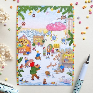 Grußkarte, Postkarte - Weihnachtsdorf | kleine Wichtel, Weihnachtsdorf, gemütliche Szene, Winter, Schnee, Markt, nostalgisch