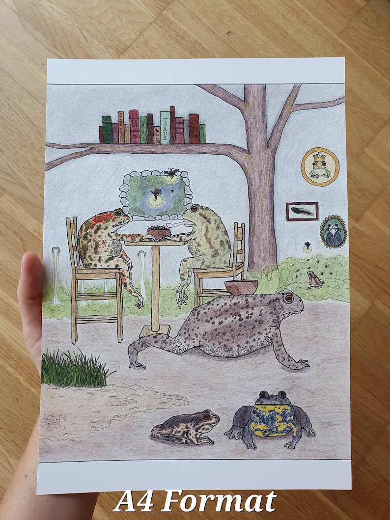 May include: A hand-drawn illustration of four toads sitting around a table with a book shelf above them. The toads are drawn in a cartoon style with brown, green, and yellow colors. The illustration is on a white background with a light brown border.