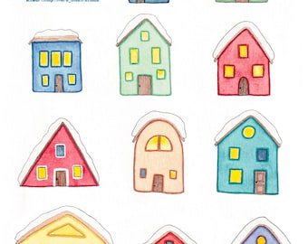 cozy winter houses, christmas, gift tags, watercolor, printable