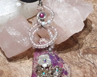 boho purple Imperial Jasper wirewrapped crystal pendant necklace, pink Czech Glass Beads, Swarovski Crystal, handcrafted, healing crystals