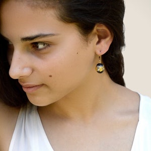 Handcrafted Black Glass and Gold Beaded Earrings, Gold Earrings, gift for her, handmade jewlery, boho unique earrings, valentine&#39;s day gift