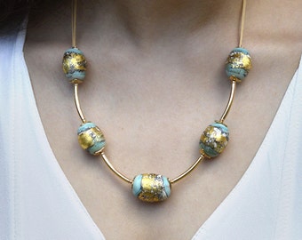 Large Matte Glass & Gold Beaded Statement Necklace (137-T)