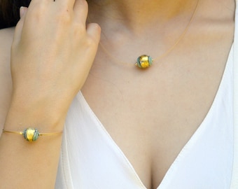 Minimalist Handcrafted Matte Turquoise Glass & Gold Bracelet and Necklace, Gold necklace, gift for her, handmade jewlery