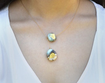 Delicate Asymmetric Matte Glass and Gold Necklace, gift for her, handmade jewlery, boho unique necklace, birthday's gift