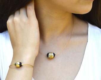 Minimalist Handcrafted Matte Black Glass & Gold Bracelet and Necklace, gift for her, handmade jewlery