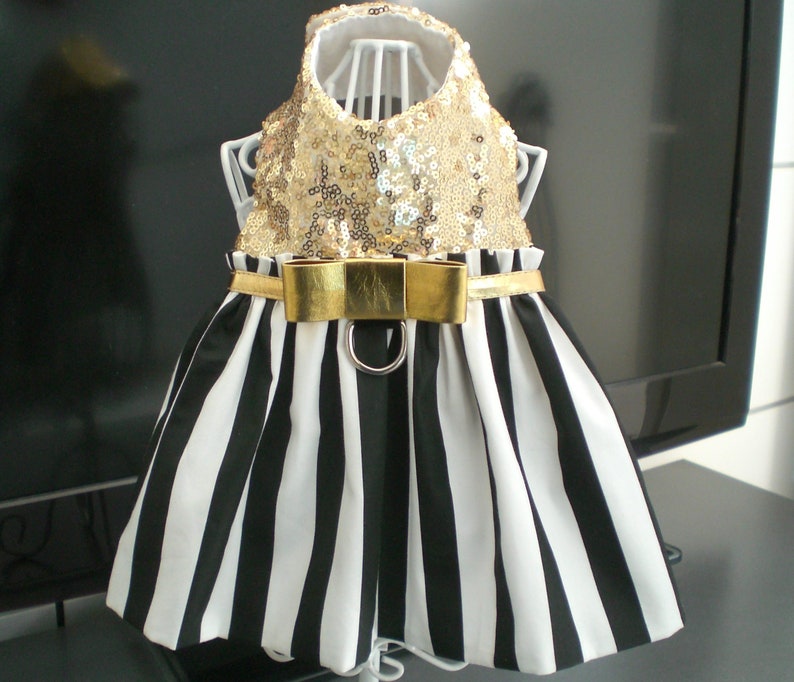 Pet Dog Apparel Clothing Clothes Gold Sequin Black White Stripe Harness Dress XXXS-L