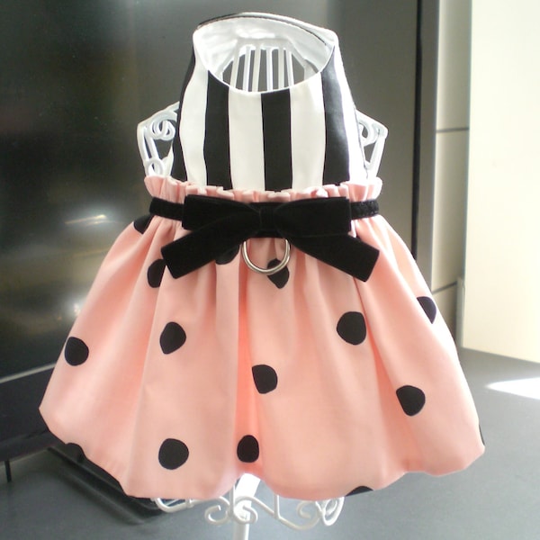 Pet Dog Apparel Clothing Black White Stripe Pink Black Dots Harness Dress XXS-L