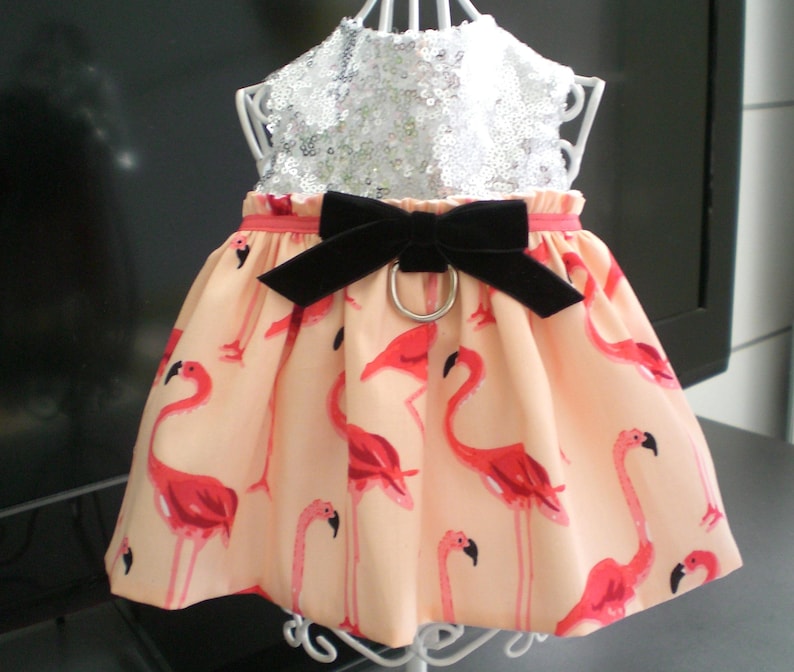 Pet Dog Apparel Clothes Clothing Silver Sequin Flamingo Harness Dress XXXS-XL