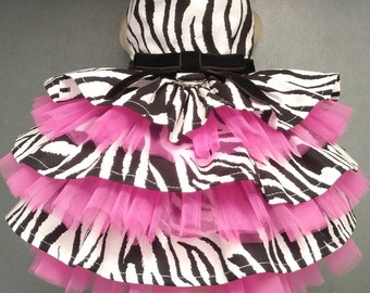 Black White Zebra Print Pink Tulle Pet dog Apparel Clothes Clothing Harness Dress