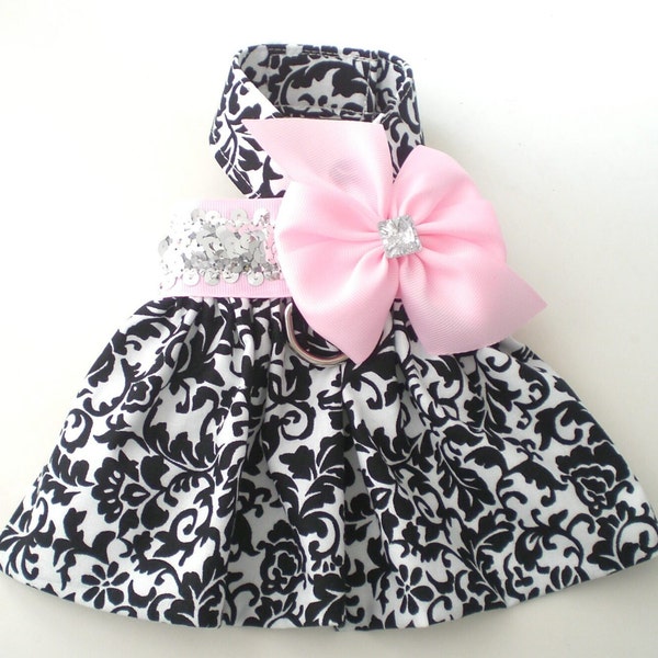 Spring/Summer Pet Dog Clothing Clothes Black White Vine Pink Bow Harness Dress Skirt XXXS-XL