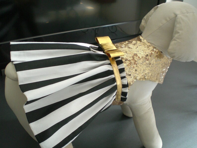Pet Dog Apparel Clothing Clothes Gold Sequin Black White Stripe Harness Dress XXXS-L