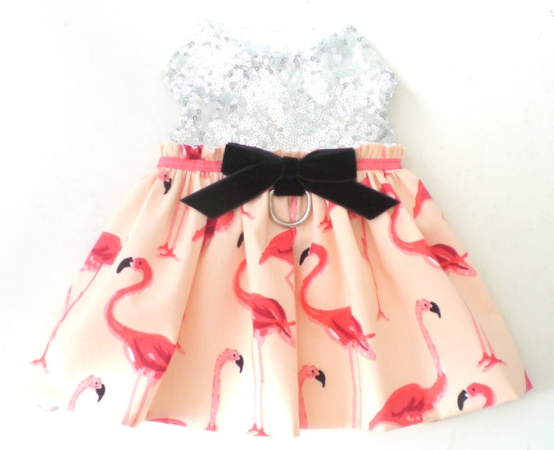 Pet Dog Apparel Clothes Clothing Silver Sequin Flamingo Harness Dress XXXS-XL
