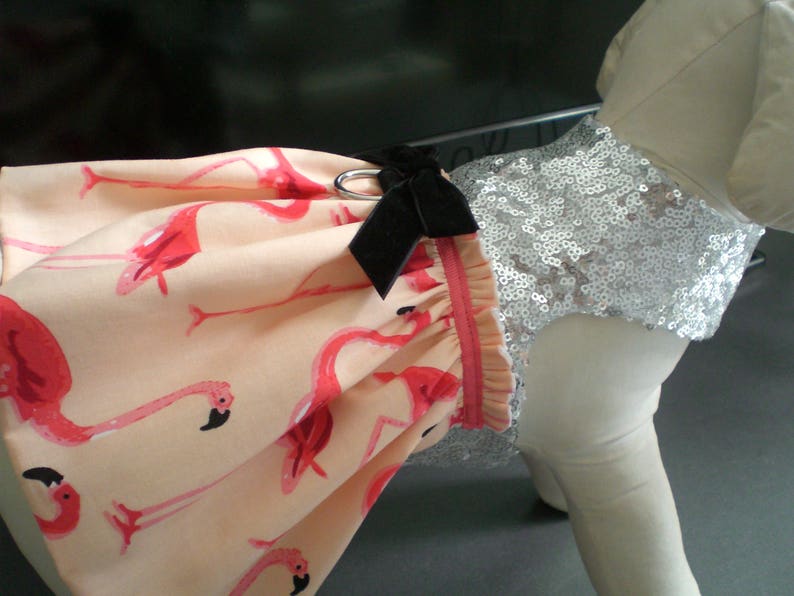 Pet Dog Apparel Clothes Clothing Silver Sequin Flamingo Harness Dress XXXS-XL