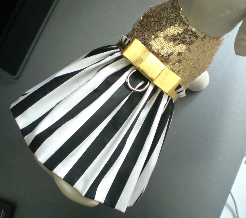 Pet Dog Apparel Clothing Clothes Gold Sequin Black White Stripe Harness Dress XXXS-L
