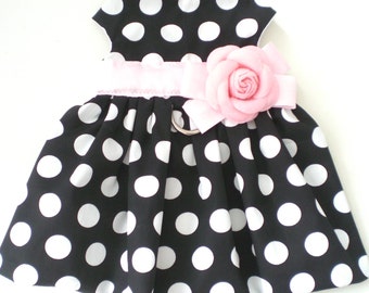 Black White Polka Dots Pet dog Apparel Clothing Pink Floral Harness Dress