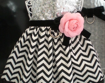 Pet Dog Clothing Silver Sequin Black White Chevron Stripe Pink Rose Harness Dress