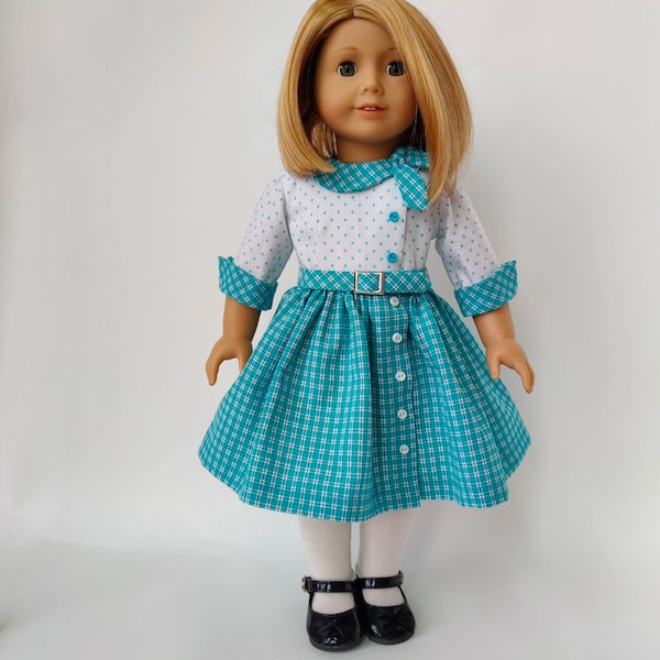 American Girl Doll Retro Dress with Side Collar Tie and Belt