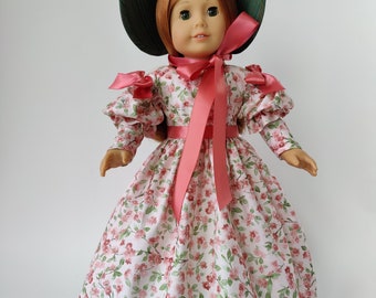 1830's Gown with puff sleeve with shirring detail and ruffle and silk Bonnet for 18 inch dolls