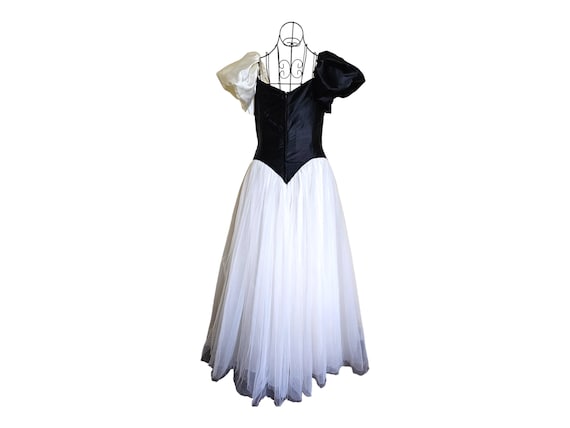 1980s Prom Dress, Vintage Evening Gown, Black & W… - image 1