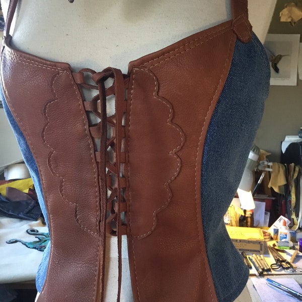 Medium Mahogany deerskin ~ Halter style Bustier ~ Recycled denim - Nuisette     * Diamond back appliqué recycled denim ~