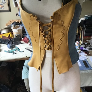 Medium Ladies Golden deerskin halter style Bustier ~ Recycled denim - Nuisette     * Diamond back appliqué recycled denim ~