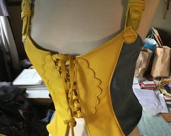 Mellow Yellow deerskin with Recycled faded Denim ~ Medium ~ Bustier style Halter top Nuisette ~ adjustable shoulder straps with eyelets