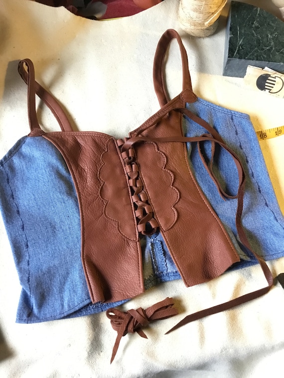 Large ~ Tobacco colour Deerskin with recycled denim ~> Lr. Voluptuous Bustier ~Diamond back Appliqué halter top