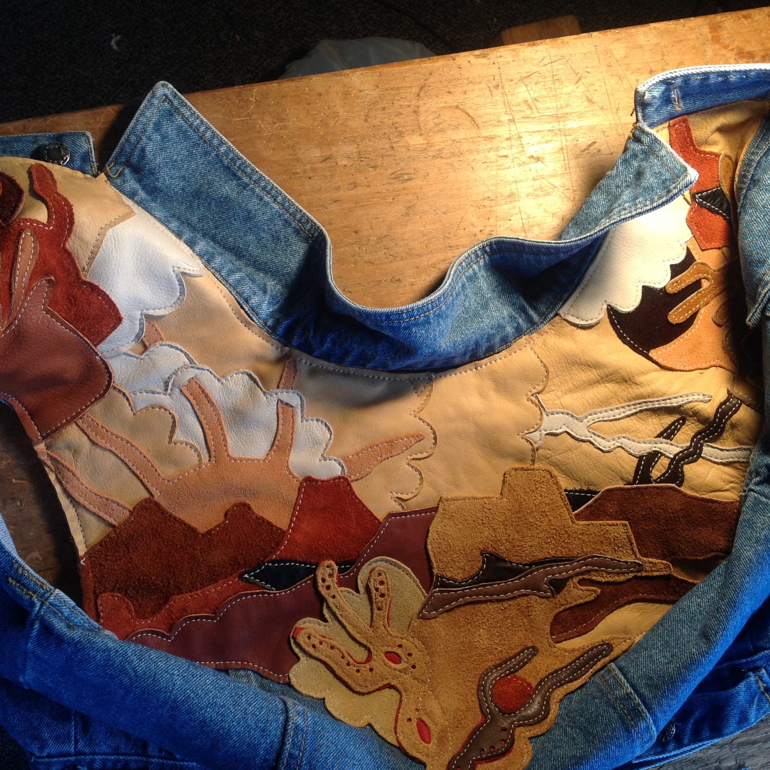 Western Denim and Leather Vest ~ appliqué leather desert scene yokes. True ladies denim Country Music Vest. Cowgirls dream leather ń denim.