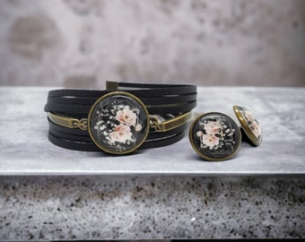 Multirang bracelet for women in black vegan leather and antique bronze brass Rose flower image