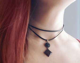 Vegan leather choker necklace with glitter and  black pendant