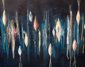 Midcentury Modern Abstract Painting: Blue Gold Diamond Art (18x36)