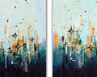 Mid-Century Modern Abstract Art Diptych: Starburst Teal & Gold Wall Decor