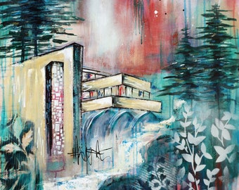 Original iconic Fallingwater home architect Frank Lloyd Wright architecture falling water midcentury modern art painting modernist brutalist