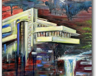 Original iconic Fallingwater home architect Frank Lloyd Wright architecture falling water midcentury modern art painting modernist brutalist