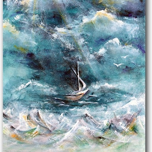 christian art, be still, prophetic art, faith art, calm in the storm, boat in the sea storm, sailboat