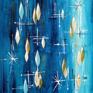 Mid-Century Modern Diamond Art Print: Blue & Gold Starburst