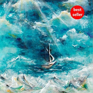 christian art, be still, prophetic art, faith art, calm in the storm, boat in the sea storm, sailboat