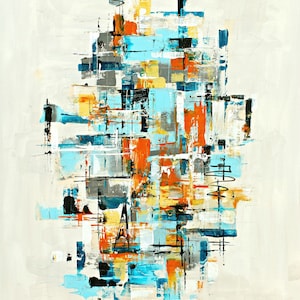 Mid-Century Modern Abstract Art Print: Orange & Blue Urban Painting