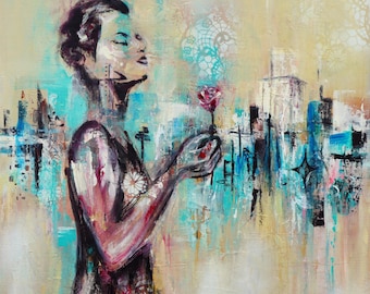 Midcentury Modern Woman Art, flower rose mcm retro portrait skyline elegant midmod art